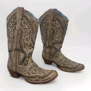 Corral Boots Women's Size 10 Western Embroidered Golden Glitter Inlay Leather